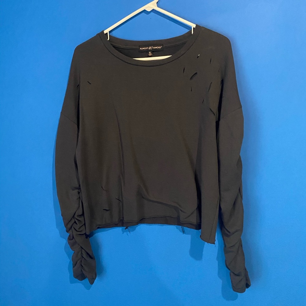 Cropped Distressed Teal Black Sweater